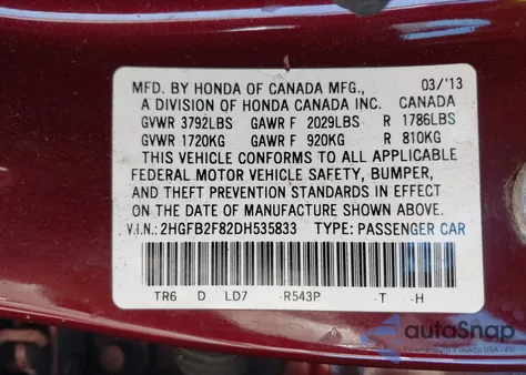 2013 Honda Civic Ex z USA, uszkodzony, nr VIN 2HGFB2F82DH535833